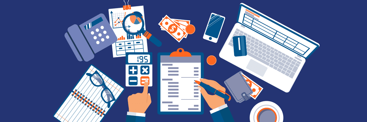 An illustration of someone compiling nonprofit financial statements using a clipboard, calculator, laptop, and financial data. The image also includes a notebook, a pair of glasses, a phone, a magnifying glass, a wallet, cash, and a credit card.