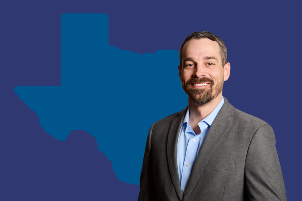 Andrew Miller, YPTC Houston Office Director, standing in front of outline of Texas state, representing non profit accounting firm YPTC's fractional CFO services in the Greater Houston area and all of Texas state